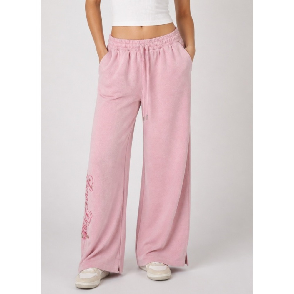 NEW PINK Victoria's Secret Ivy Fleece Wide Leg Split Hem Sweatpants Embroider S